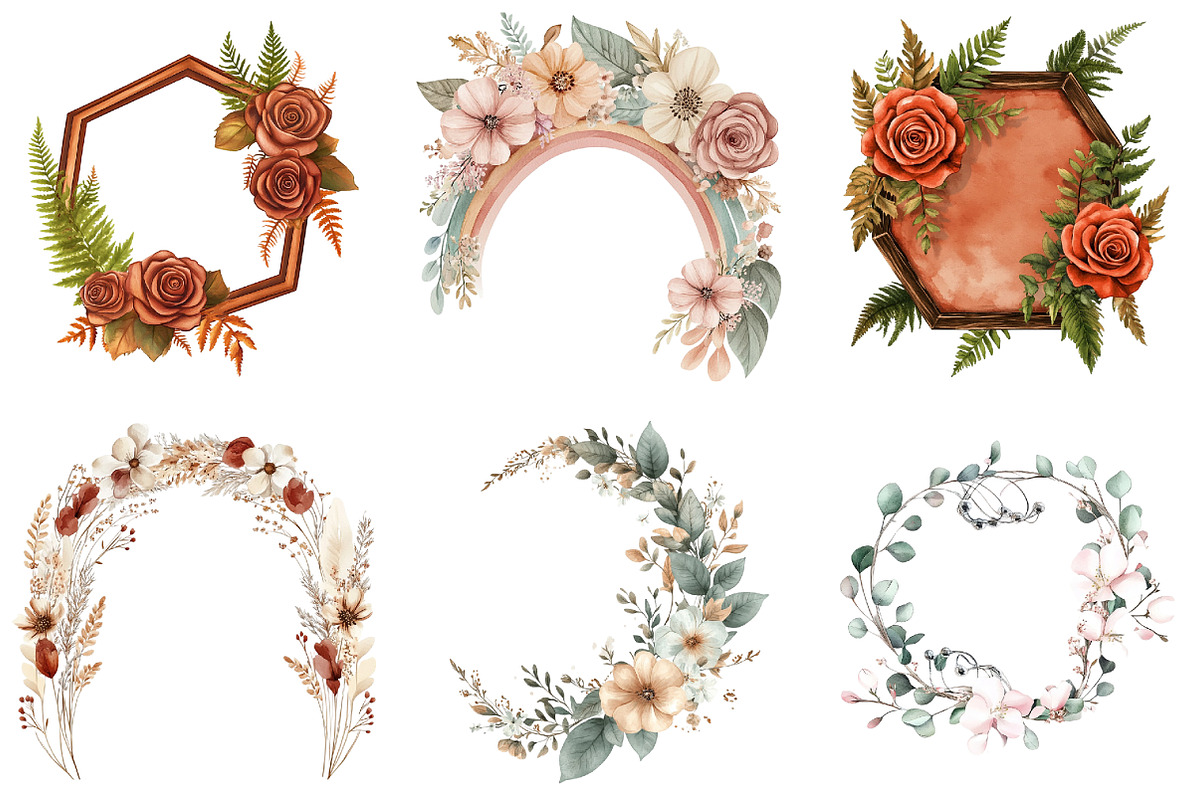 Boho Floral Frame Watercolor Clipart, an Illustration by DreamArtGraphic (Photo 3 of 4)
