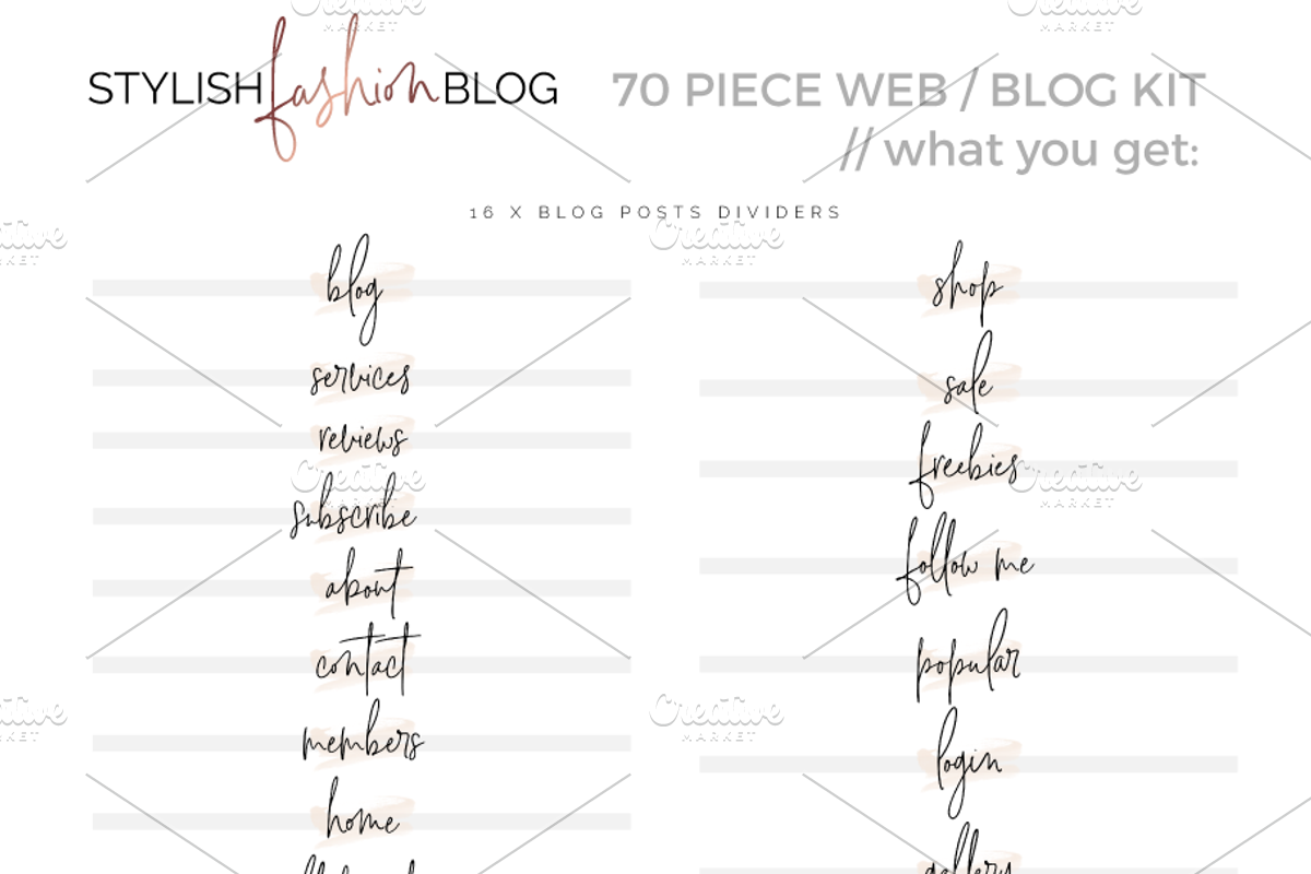 70 Piece Stylish Fashion Blog Kit, a Templates & Theme by Inky Jar ...