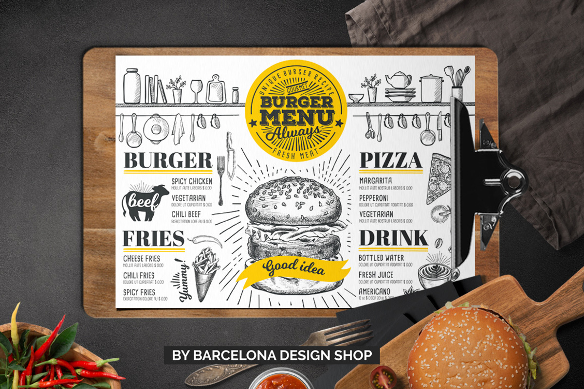 FREE! Trifold + Burger Menu Template, a Brochure Template by BarcelonaShop (Photo 1 of 5)