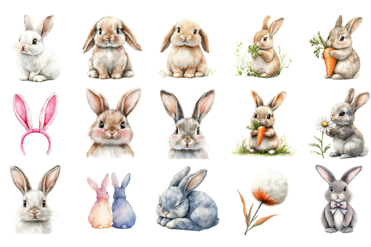 Watercolor Bunnies Clipart, an Illustration by Designking (Photo 2 of 5)