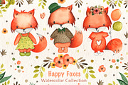 Happy Foxes Watercolor Collection, an Animal Illustration by TanataDesign (Thumbnail 1 of 7)