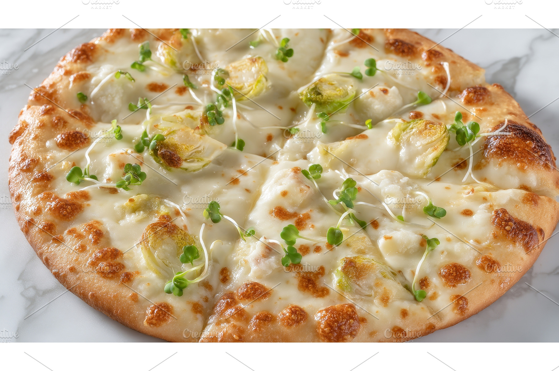 A white table holds a pizza topped, a Food & Drink Photo by ZinetroN