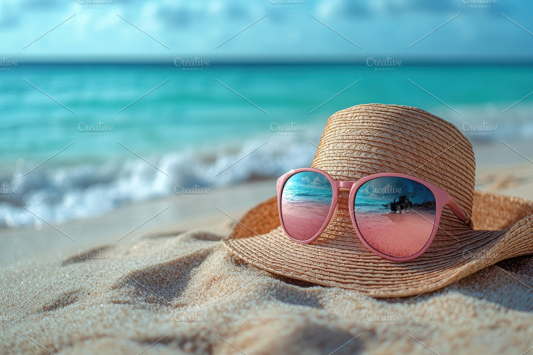 Summer beach day with a straw hat an, a Photo by Tanuart