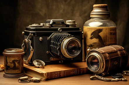 Old camera and books on a wooden tab, a Photo by Iftikhar Alam