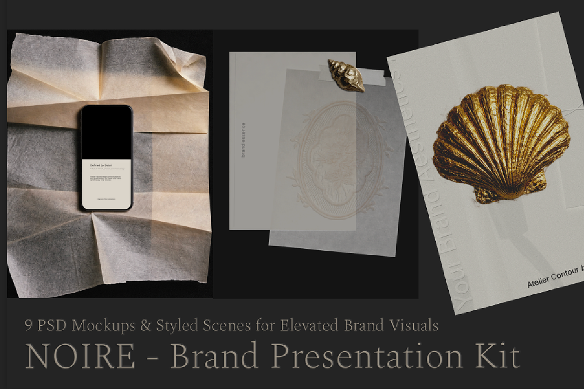 NOIRE Brand Presentation Mockup Kit, a Device Mockup by Atelier Contour (Photo 1 of 11)