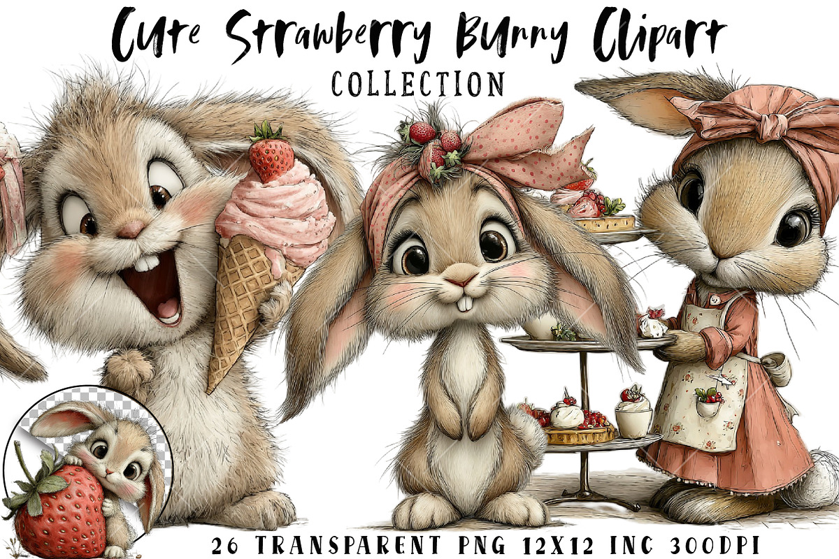 Cute Strawberry Bunny PNG Clipart, an Illustration by OK Design (Photo 1 of 6)