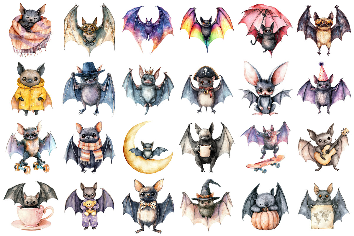 Watercolor Quirky Bat Clipart Bundle, an Illustration by Daily.Designs (Photo 3 of 3)