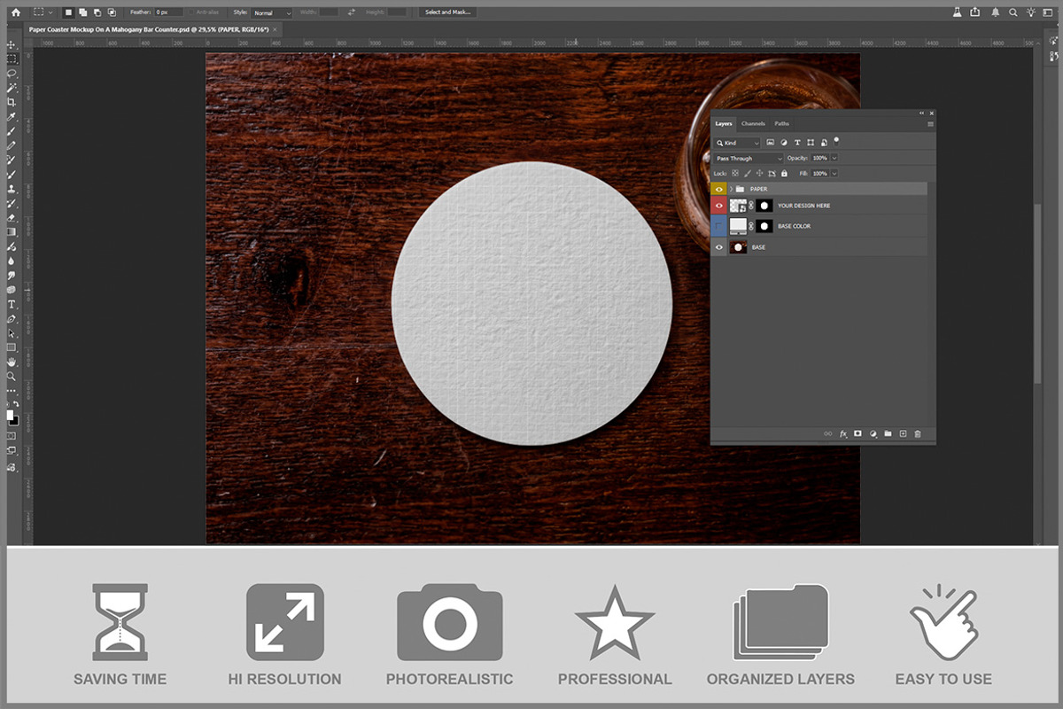 Paper Coaster On Mahogany Bar Co PSD, an Advertising Mockup by Bruno's Shop (Photo 2 of 3)