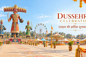 Dussehra Vijayadashami celebration banner showing Ravana effigy,