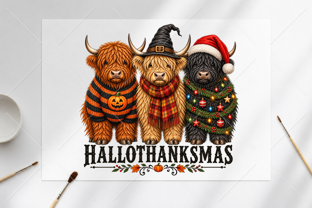 Hallothanksmas Highland Cow PNG, a Seasonal Illustration by Canvas Craft (Photo 6 of 6)