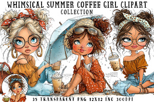 Whimsical Summer Coffee Girl Clipart, an Illustration by OK Design