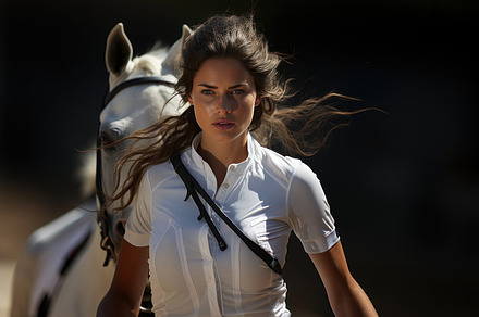 Beautiful young woman riding a white horse on a sunny summer day, a Photo by AS photostudio