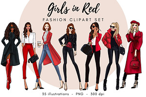 Girls In Red 2 Fashion Clipart Set