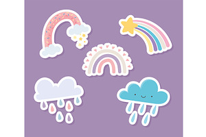 rainbow clouds rain, an Illustration by studiogstock