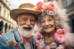 Elderly couple in colorful outfits smiling at the camera outdoor, a Person Photo by ImageMir