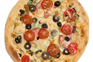 Round pizza with bacon, chicken, olives and cheese, a Food & Drink Photo by ndanko