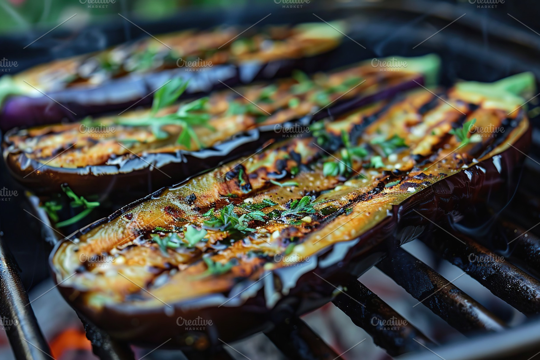 Slices of grilled eggplants on grill, a Food & Drink Photo by AlyaAnd