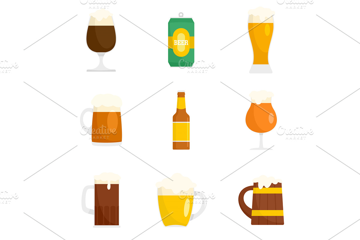 Beer bottles glass icons set, flat, a Food Illustration by Ylivdesign
