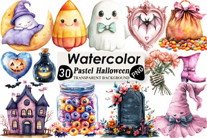 Pastel Halloween Clipart Watercolor, an Illustration by Black Bird Studio