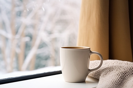 Winter holidays, calm and cosy home, cup of tea or coffee mug an, a Food & Drink Photo by Anneleven
