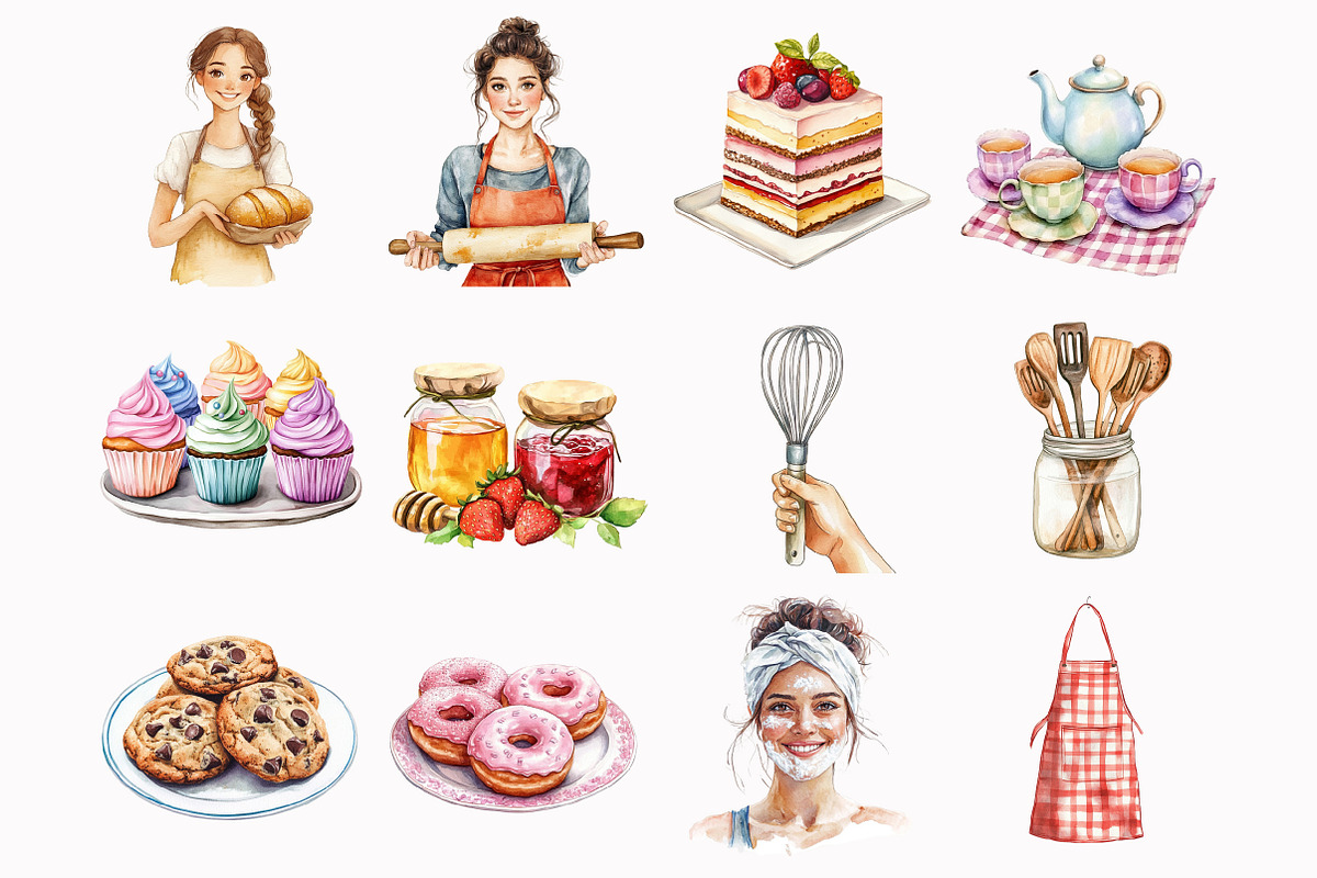 Watercolor Baking Party Clipart, an Illustration by Design Market (Photo 2 of 4)