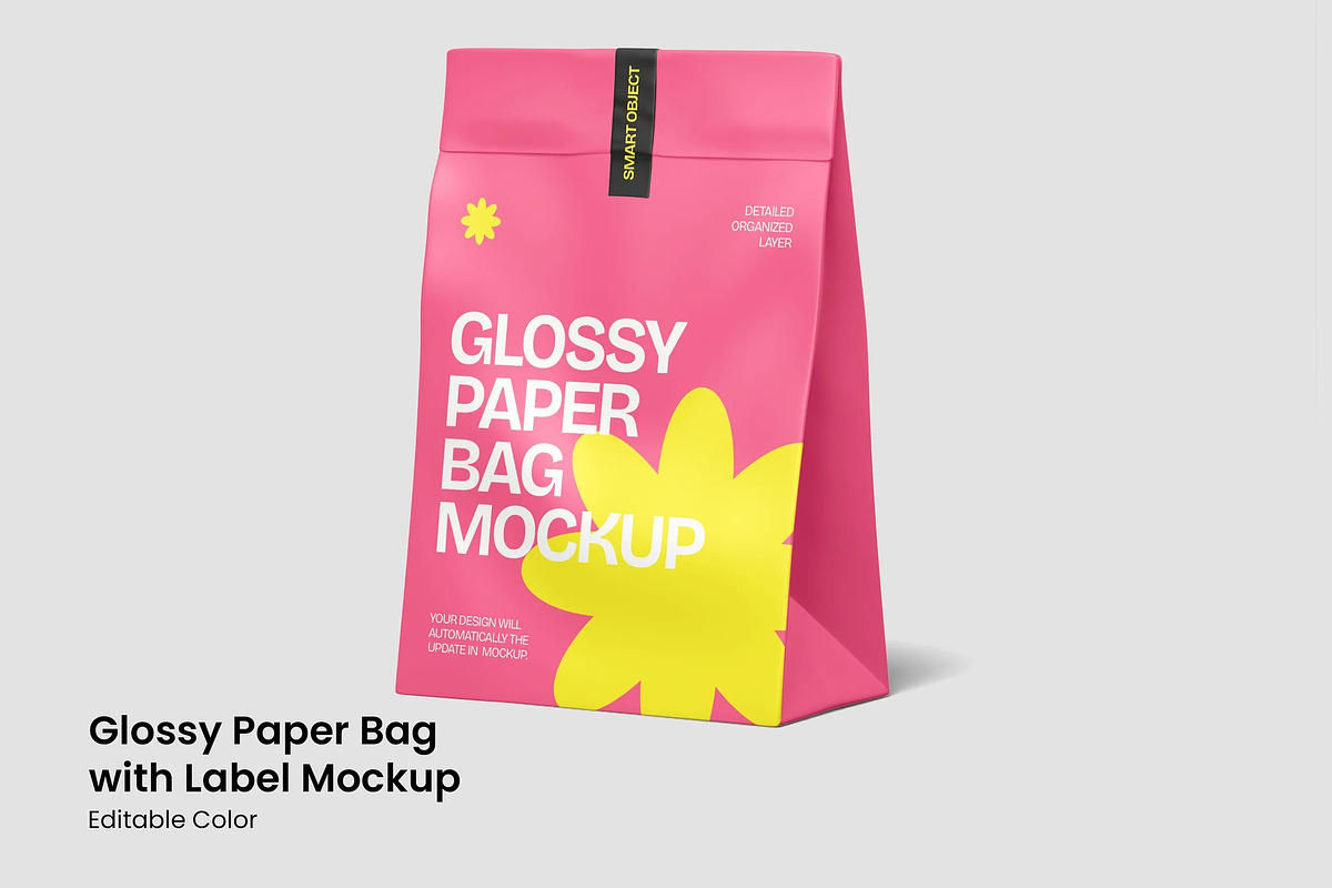 Glossy Paper Bag with Label Mockup, a Packaging Mockup by renderstockmarket