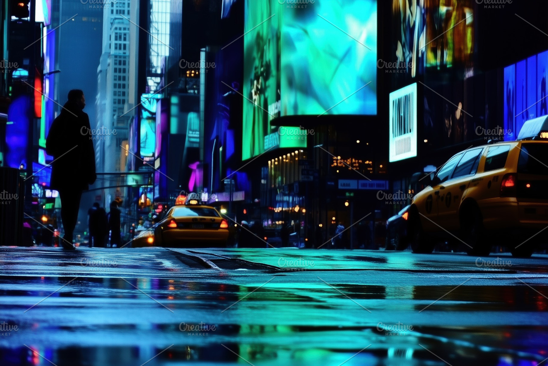 A vibrant urban scene at night in Times Square, New York City. The wet pavement, an Arts & Entertainment Photo by Textures & Backgrounds