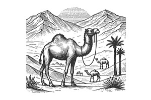 Camel in Desert Landscape vector, an Animal Illustration by AlexArt