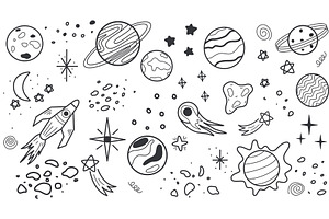 Hand drawn elements of outer space, an Illustration by Tati_Kli