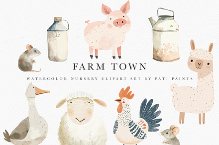 Farm Animals Watercolor Clipart Set, an Animal Illustration by Pati Paints