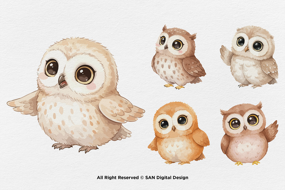 15 Bundle Watercolor Cute Owl Bird, an Animal Illustration by Morspective (Photo 6 of 8)