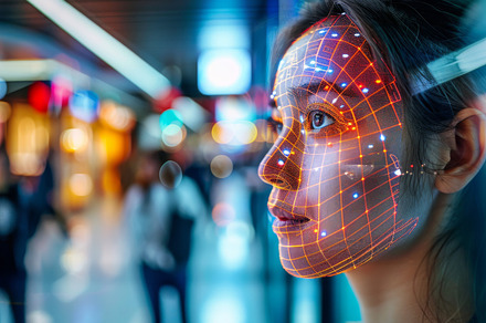 Woman face with digital grid pattern on dark blue background, au, a Photo by Dvoevnore photos