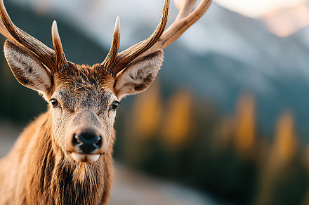 Majestic stag showing off antlers in a mountain landscape during golden hour, an Animal Photo by AlyaAnd
