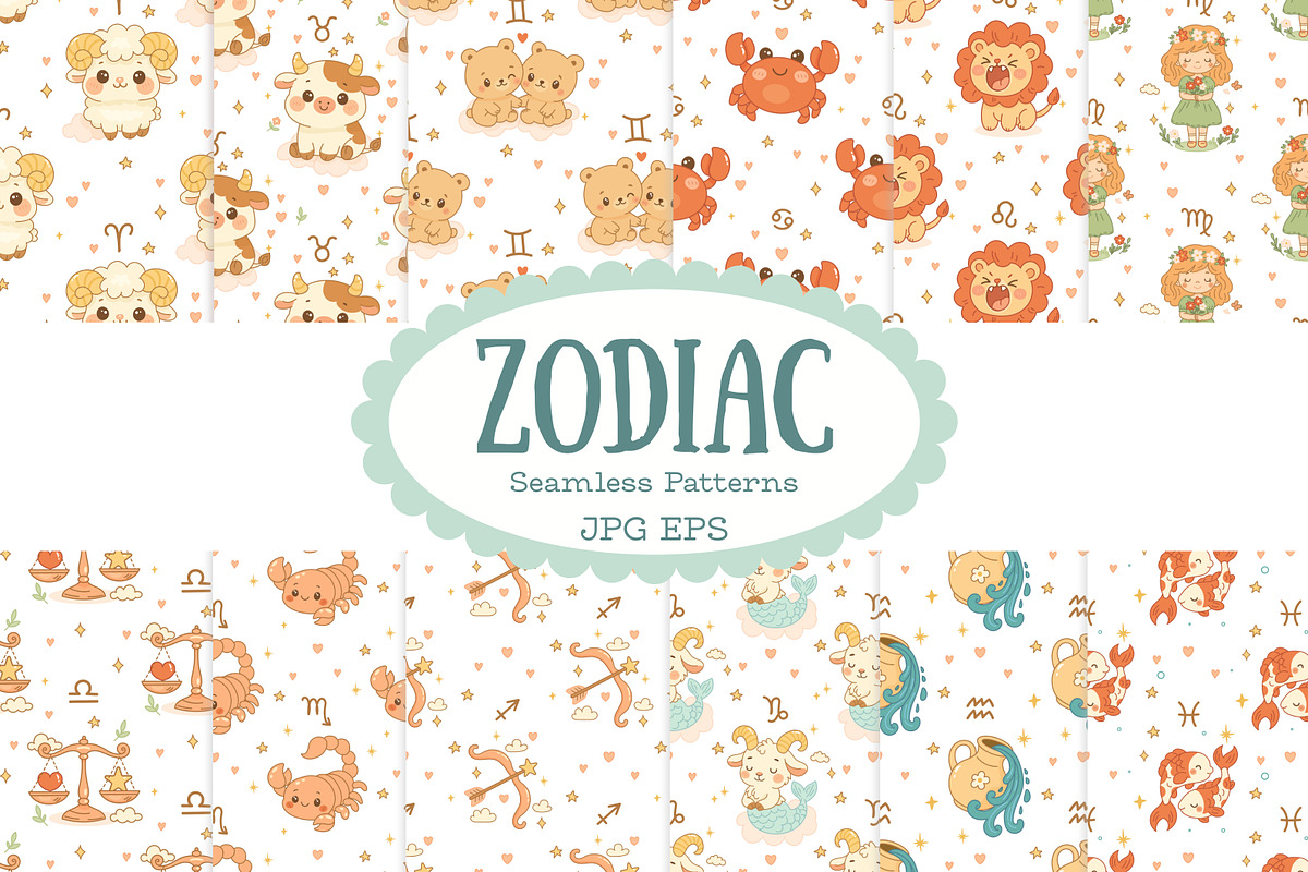 Cute Zodiac Seamless Patterns  12, an Illustration by Bielousova Art (Photo 1 of 8)