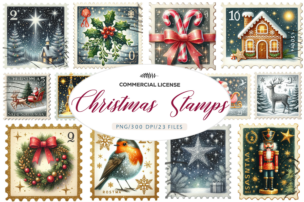 Vintage Christmas Postage Stamps PNG, an Illustration by CreationArt (Photo 1 of 5)