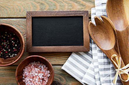 Empty chalk board and kitchen utensils, a Food & Drink Photo by Olena Rudo