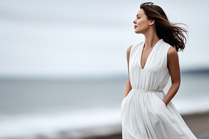 Elegant woman in a white dress stand, a Person Photo by MistyDay
