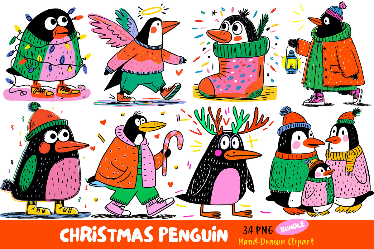 Hand-Drawn Christmas Penguin Clipart, an Illustration by Dream Creation (Photo 1 of 7)
