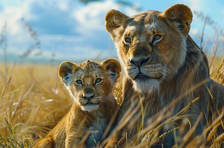 Big female lion with lion cub in savannah, an Animal Photo by AlyaAnd
