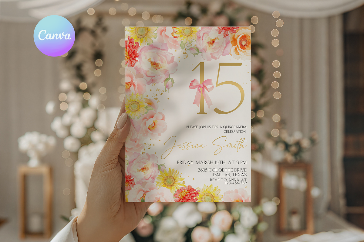 Bright Floral Quinceanera Invitation, a Templates & Theme by VeliusCreativeStudio (Photo 1 of 3)