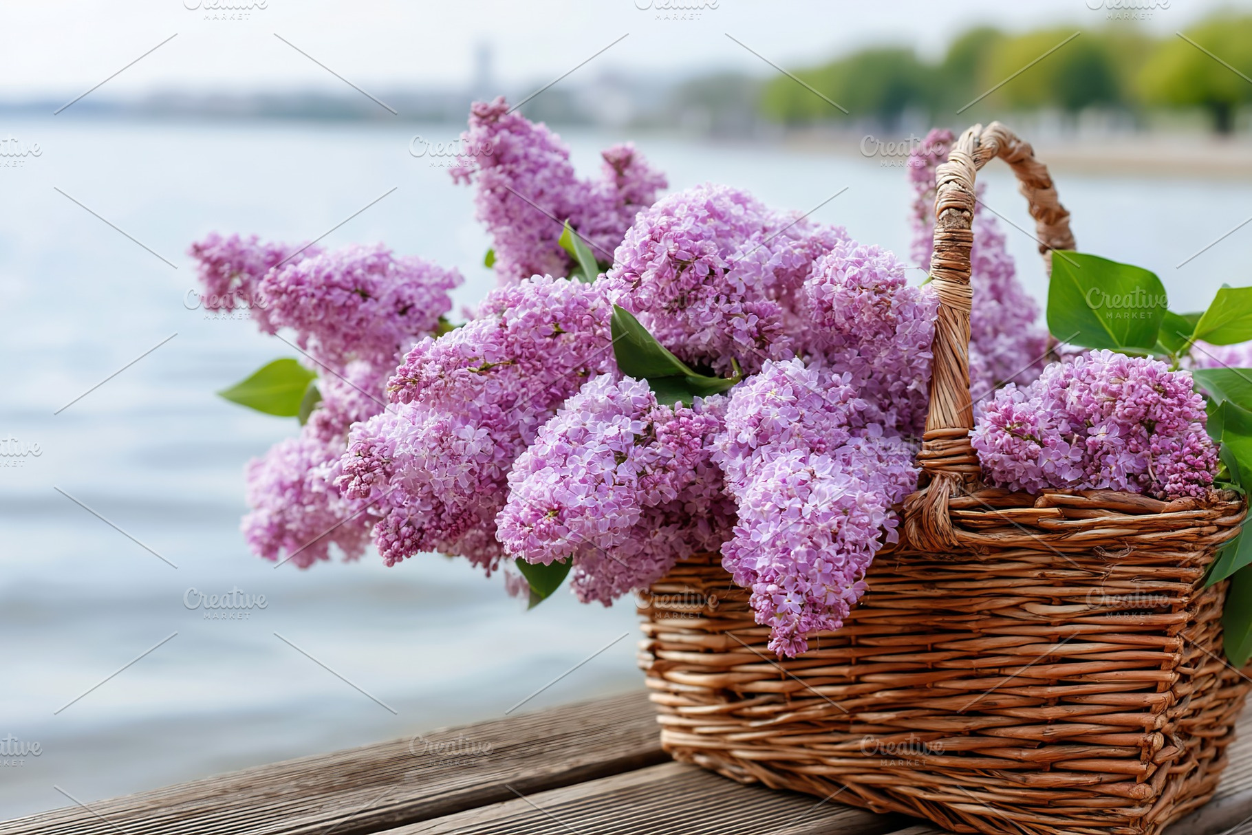Fresh purple lilac flowers in a basket by the serene waterfront in springtime, a Nature Photo by AlyaAnd