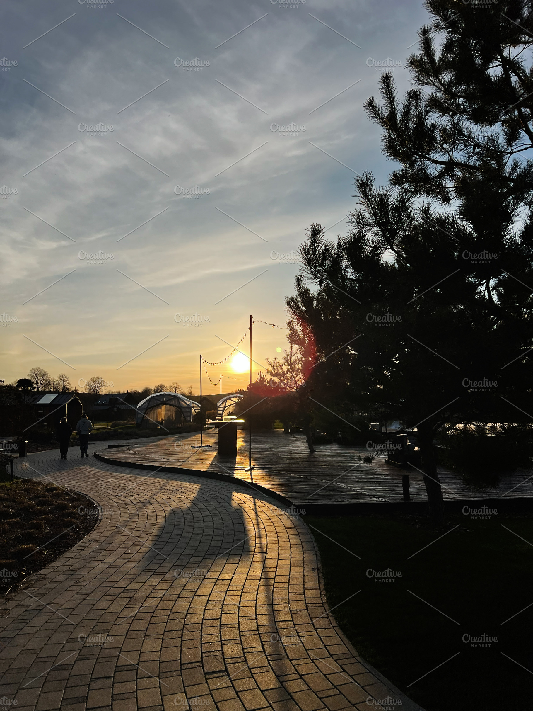 Serene park walkway at sunset with silhouetted trees and decorative lights, a Photo by AS photostudio