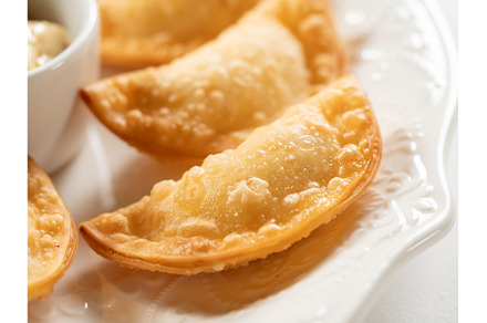 Mini Chebureki with sauces on white, a Food & Drink Photo by Fascinadora