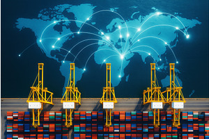 Aerial view of a container port with, a Transportation Illustration by Sergey Kotenev