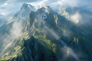 Majestic Mountain Range Sunrise Mist, a Photo by Pixeness Studio