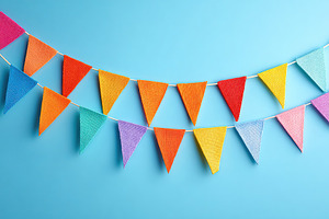 Colorful bunting flags hanging horizontally against a bright blue background fo, a Background Photo by AlyaAnd