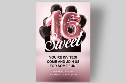 Sweet 16 Rose Gold and Black flyer, a Poster Template by Love Giftery