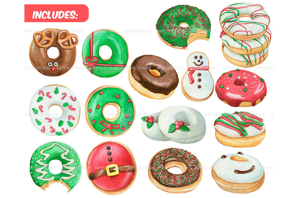 Watercolor Christmas donuts clipart, a Food Illustration by ArtfulStudio (Photo 2 of 7)