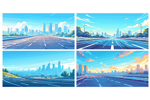 Cartoon Highway Landscapes Set