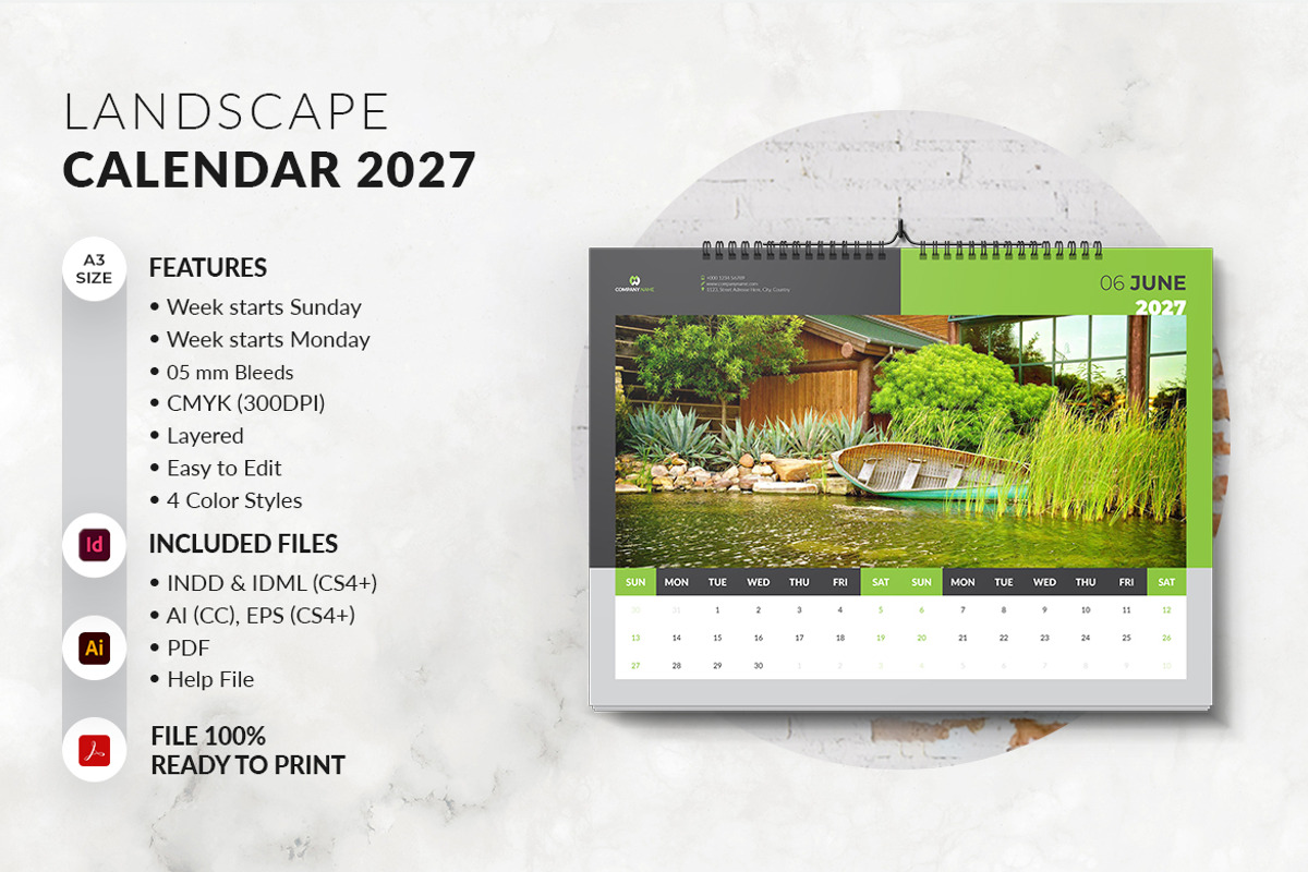 Landscape A3 Calendar 2027, a Stationery Template by MstArtwork (Photo 3 of 8)